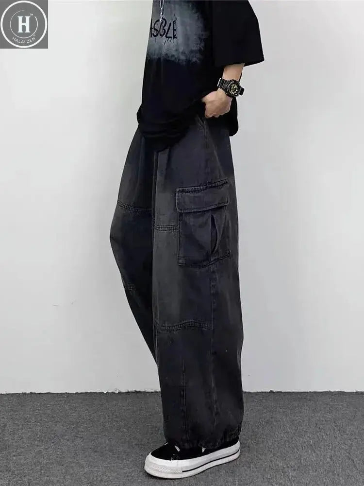 Spring And Autumn Vintage Wide Leg Big Pocket Overalls Men Y2K Neutral Loose Straight Leg Casual High Street Hip Hop Jeans Halalzen UK