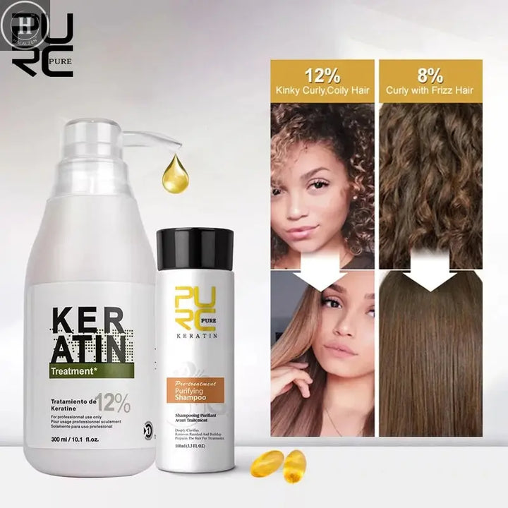 PURC 300ml Brazilian Keratin Hair Treatment & 100ml Purifying Shampoo Set Professional Straightening Repair Frizz Soft Hair Care HALALZEN