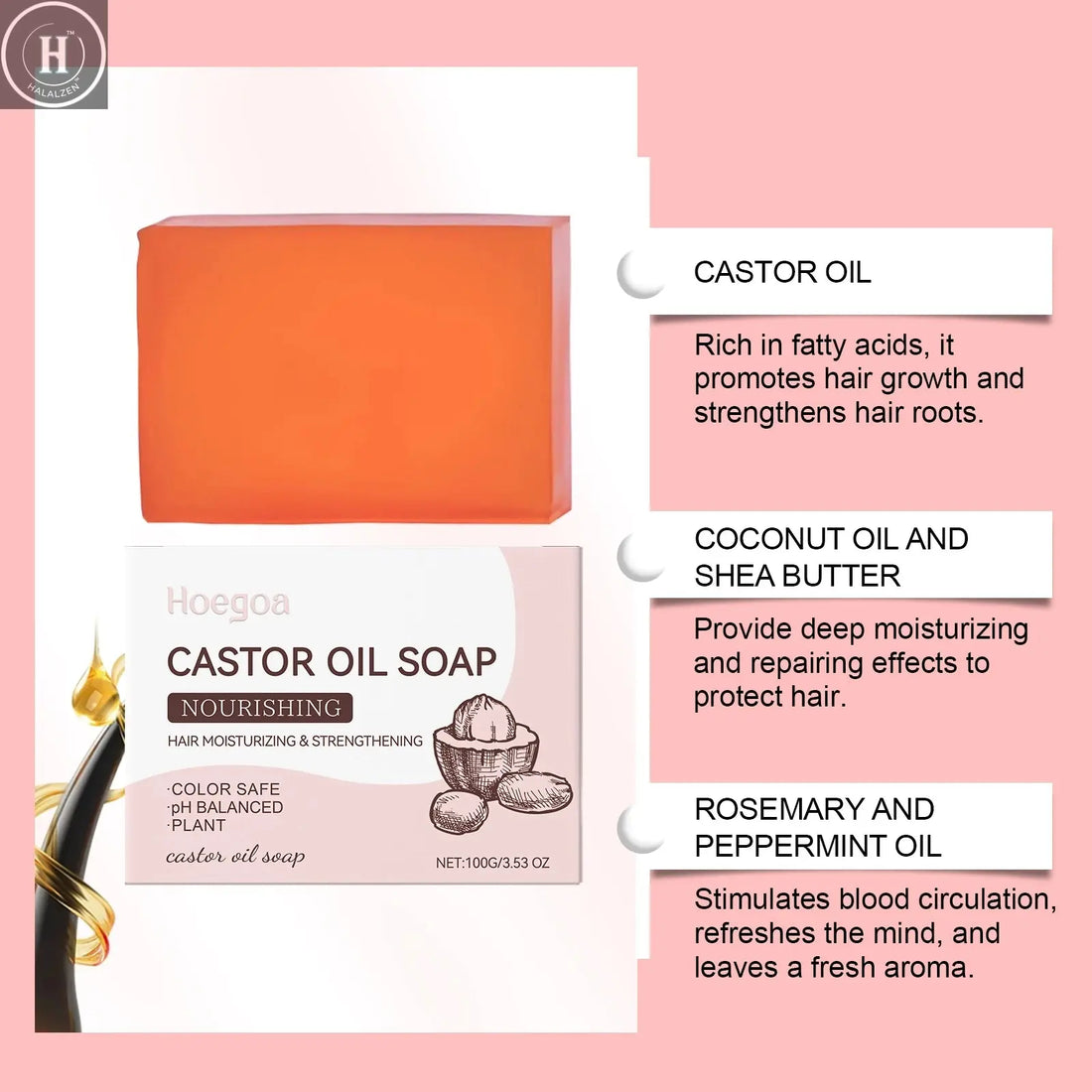 Castor Oil Shampoo Bar Natural Hair Care Deep Moisturizing Scalp Treatmen Nourishing All Hair Types Travel Friendly Eco Friendly HALALZEN