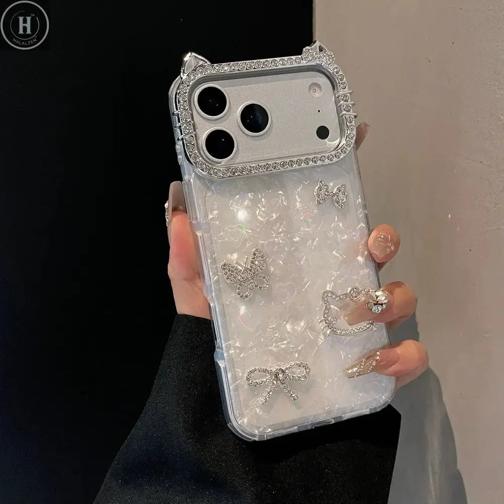 Cute Ear Bow and Butterfly Lens Rhinestone Frame Case for iPhone 17 Pro Max 17 Pro Air 16 Pro 15 14 + 13 Pro 12 11 Protect Cover Halalzen UK