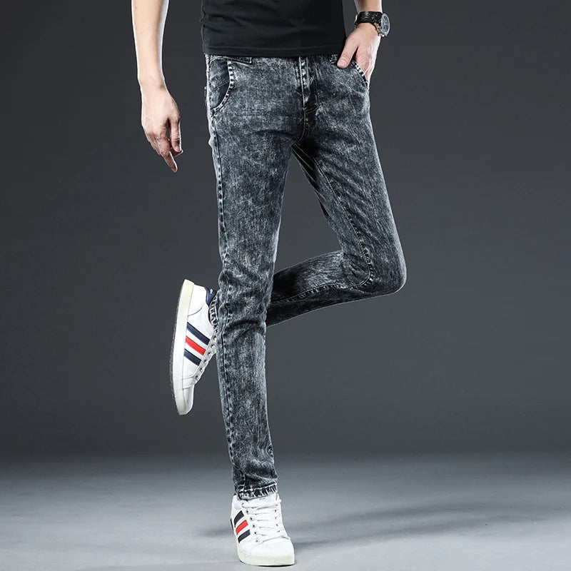2024 Classic Korean Fashion Street Trendy Men Skinny Retro Snowflake Design Slim Fit Denim Pants New Elastic Cotton Men Jeans