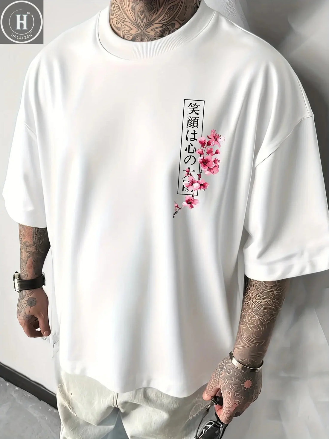 Japanese Cherry Blossom Print 100% Cotton Men Woment T-shirt Summer Autumn Daily Outdoor Sports Casual Loose Street Short-sleeve HALALZEN