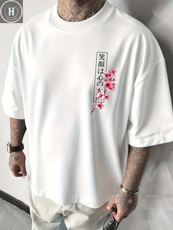 Japanese Cherry Blossom Print 100% Cotton Men Woment T-shirt Summer Autumn Daily Outdoor Sports Casual Loose Street Short-sleeve HALALZEN