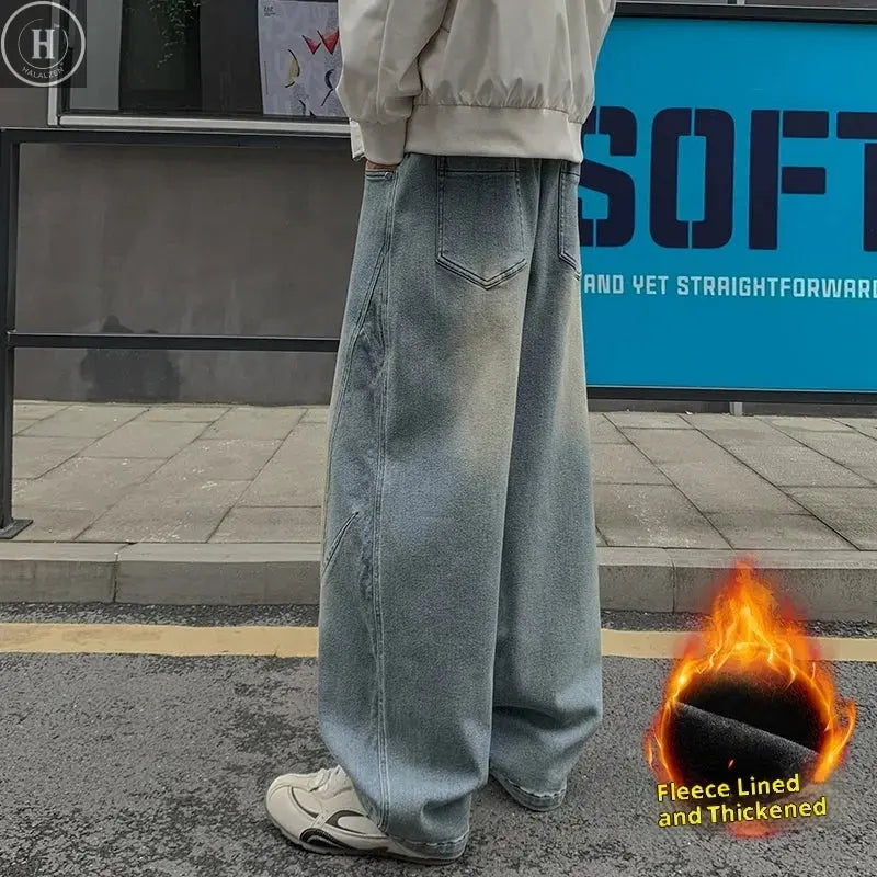 New Men's Fleece-Lined Wide-Leg Jeans Winter Vintage Washed Elastic Drawstring Waist Denim Trousers Men 8XL Loose Fit Jean Pants HALALZEN