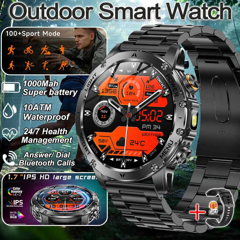2026 New Military Smart Watch 1000Mah Battery Fitness Tracking 10ATM Waterproof Tactics Sport Flashlight call Bracelet For Men