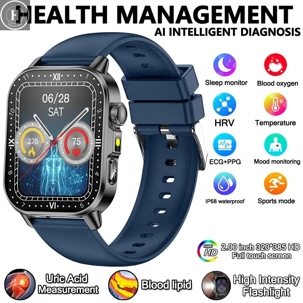 2026 New Model Uric Acid & Lipid Health Analysis Smart Watch Men ECG+PPG Bluetooth Call 2.01-inch Flashlight Smartwatch Women HALALZEN