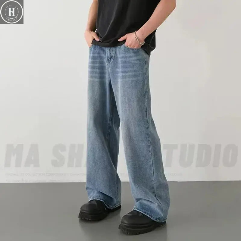 Spring Autumn Men's New Denim Pants Old Blue Washed Casual Jeans Menwear Loose New Fashion contrasting color Wide Leg Trousers HALALZEN
