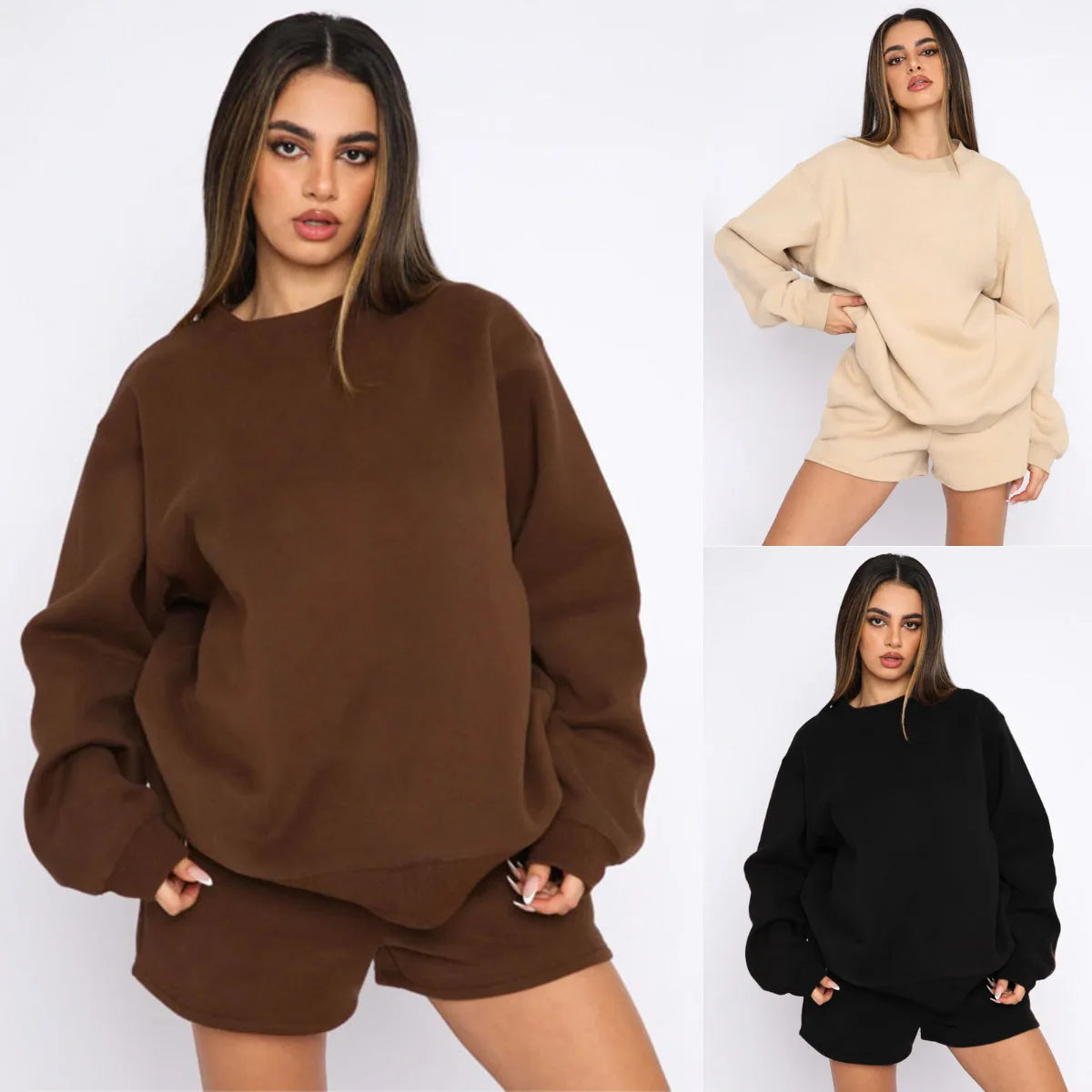 2025 Spring and Autumn Solid Color Pullover Long Sleeve Sweater Women's Fashion Casual Shorts Set