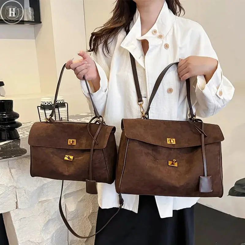 сумка через плечо женская Brand Texture Women's Luxury Brown Leather Gold Buckle Handheld Tote Bag Shoulder Bag Shoulder Bag HALALZEN