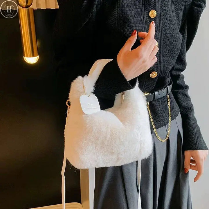 Women Faux Fur Plush Handbags Ruched Handle Small Lady Shoulder Crossbody Bag Casual Half-Moon Hobos Winter Bags for Women HALALZEN