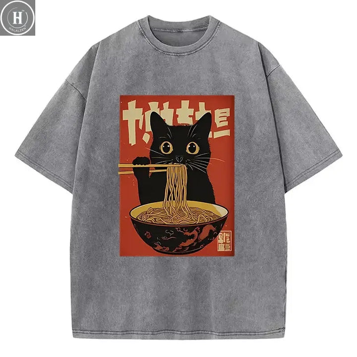 T Shirt Vintage Washed 100% Cotton T-Shirt Black Retro Cat Eating Ramen Graphic Tee Casual Streetwear for Spring Summer Fall HALALZEN