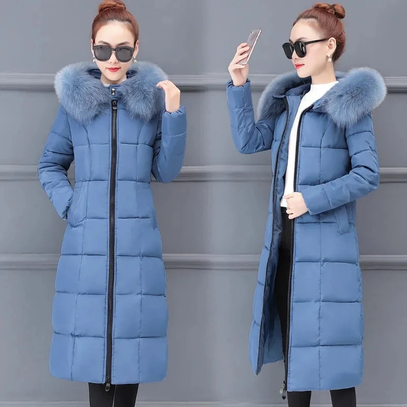 Fashion Warm Hooded Winter Coat Women Fur Collar Jacket Casual Bisic Coats Female Lady Lengthen Thickening Waterproof Slim Parka