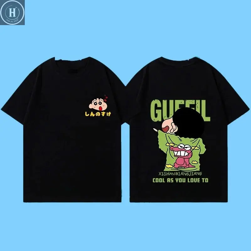 Miniso New Summer Cotton Cartoon Crayon Shin-chan Print T-Shirt Unisex Street Style Summer Fashion Casual Crew Neck Cotton Top HALALZEN