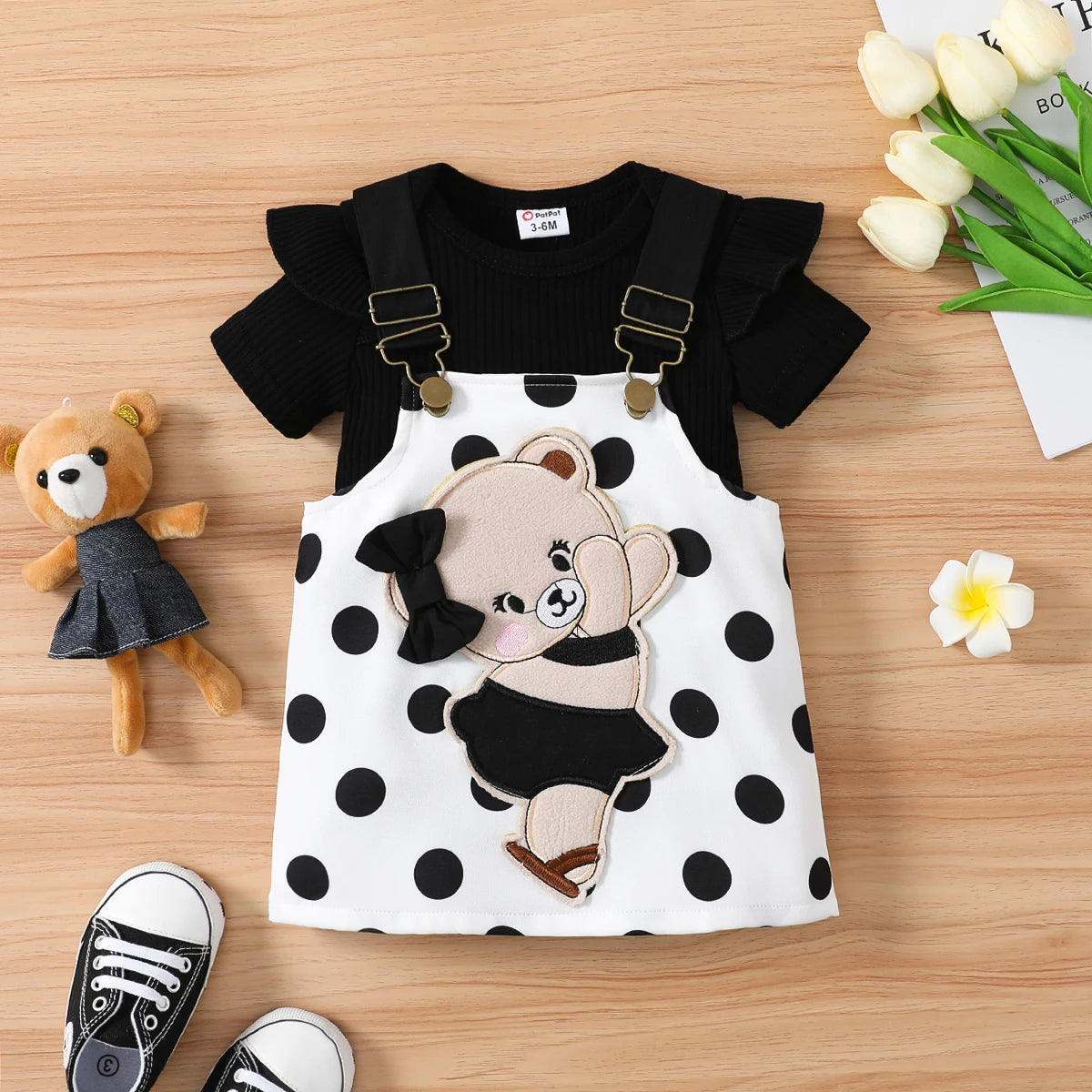 Cotton Ruffle Trim Short-sleeve Romper and Bear Graphic Polka Dots Overall Dress Sets