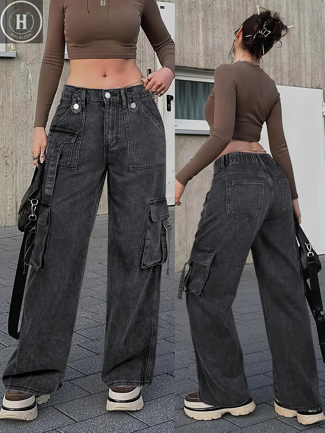 Women's Trendy Cargo Jeans Casual Street Style Zip Multi-Pocket Design With Flap Pockets Tape Elastic Waist Denim Pants Halalzen UK