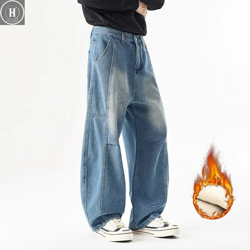 Men's Fleece Thick Curved Knife Jeans American Style Retro Loose Wide Leg Denim Pants Vintage Casual Splicing Design Trousers HALALZEN