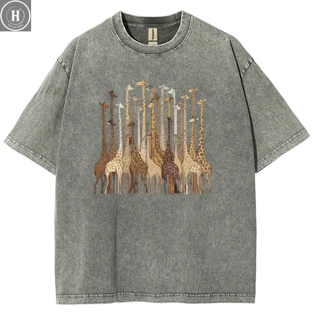 100% Cotton Women's T-Shirt High Quality Soft Cartoon Funny Giraffe Print T-Shirt Custom T-Shirt Daily Wear Clothing HALALZEN