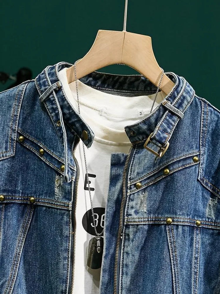 Retro Men Office New Autumn Winter Fashion Rivets Designer Gradient Color Stand Collar Denim Jacket Loose Fit Casual Cowboy Coat