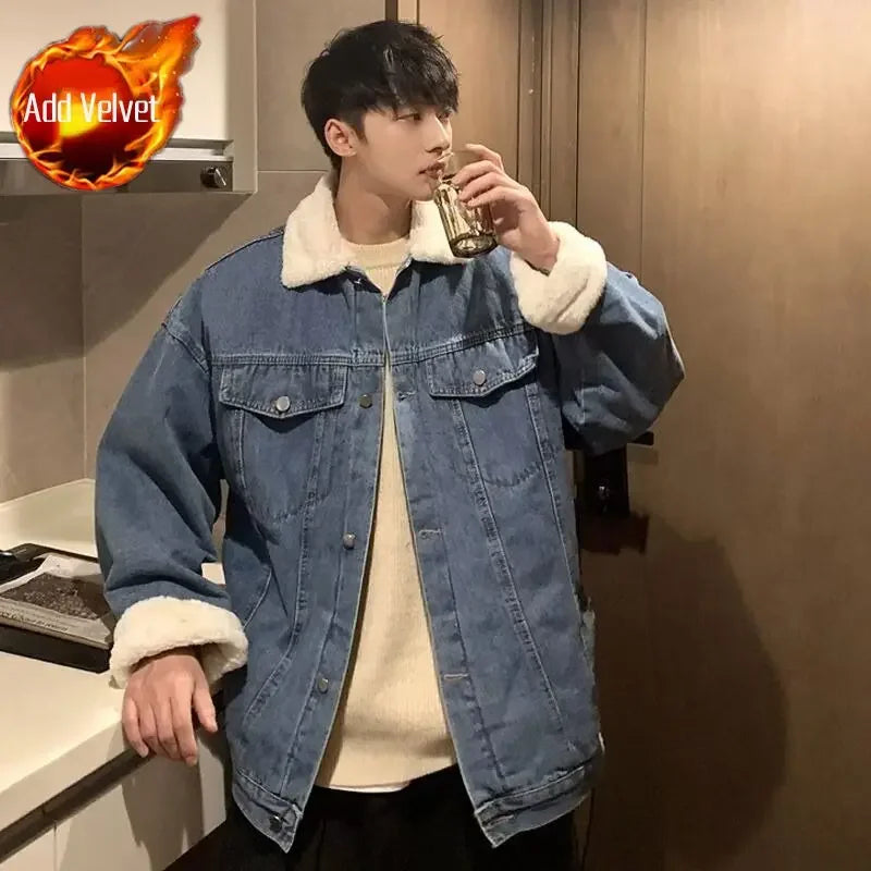 Winter 2025 Cowboy Coat for Men Vintage Warm Denim Jackets Man Padded Sherpa Loose Elatic Japanese Retro Outwear High Quality