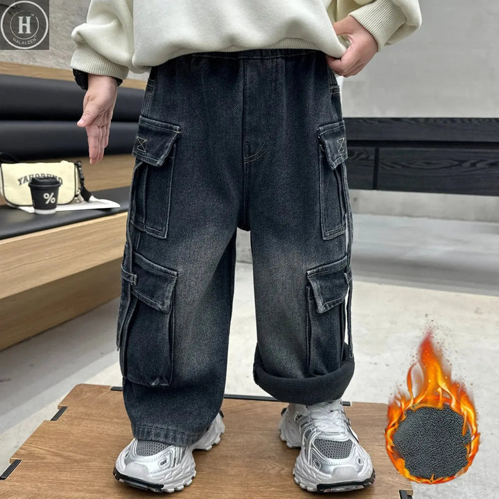 New Arrival Boys' Winter Fleece-Lined with Multi Pockets Washed Dark Denim Pants, Trendy Streetwear Workwear Trousers HALALZEN