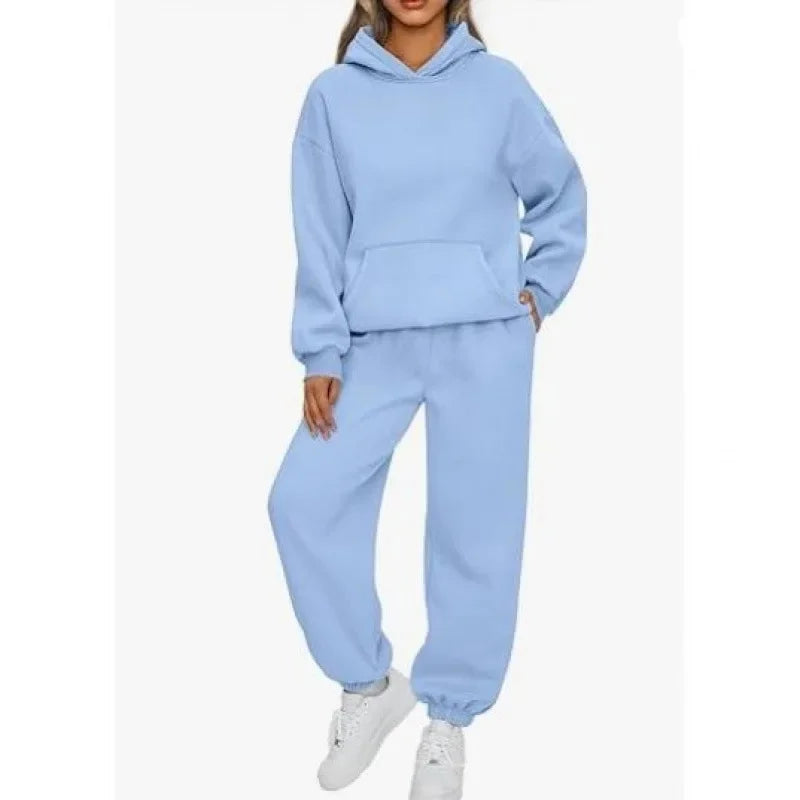 Fashionable Pure Color Autumn Winter Women's Two-Piece Set Casual Hoodie Sportswear Long Pants Ensemble Polyester Fiber