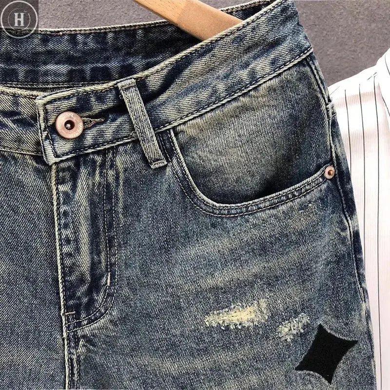 Japanese And Korean New Retro Men'S Jeans Embroidered Print Tapered Jeans Straight Leg Jeans Y2k Baggy Pants Halalzen UK