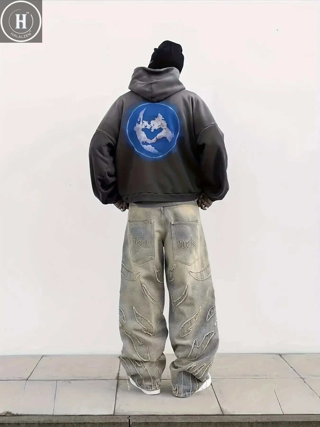 European and American Street Graffiti Wide-Leg Jeans for Men, Loose Oversize Vintage-Style Casual Trousers Halalzen UK