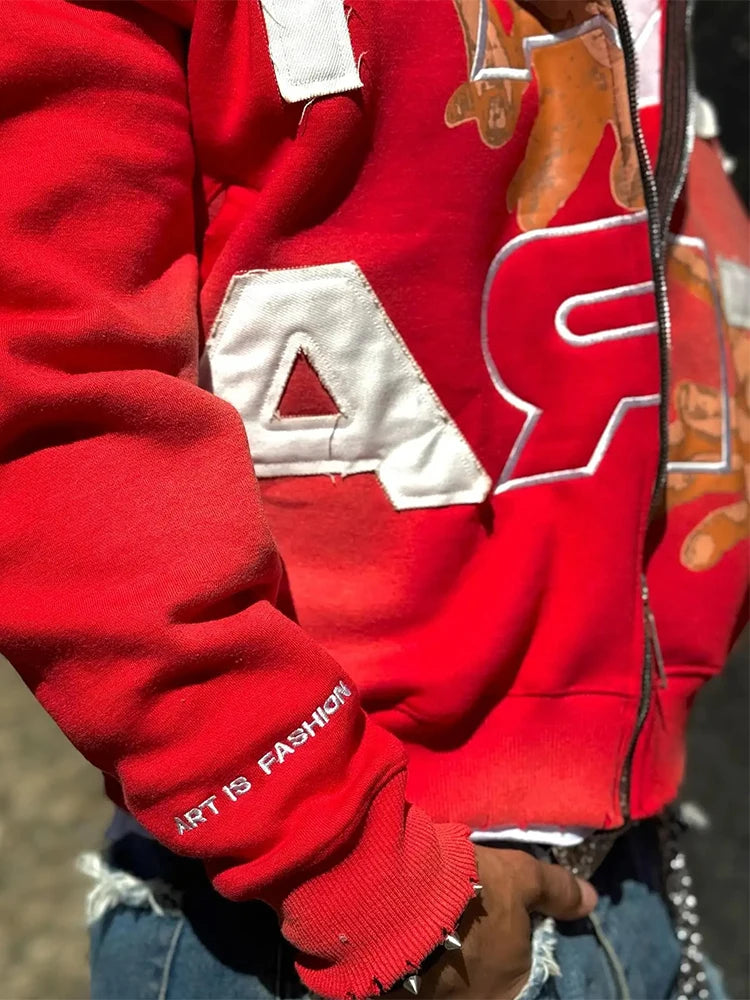 Trendy Baggy Hooded Cardigan Mens Y2K Pattern Print Loose Zip-up Hoodie Sweatshirt Men Spring Hip Hop Long Sleeve Hoodies Unisex