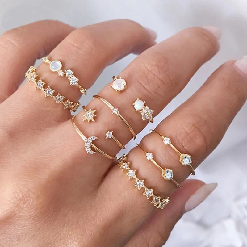 9Pcs/set Moon Star Rings for Women Girls Bohemian Jewellery set Gift Accessories