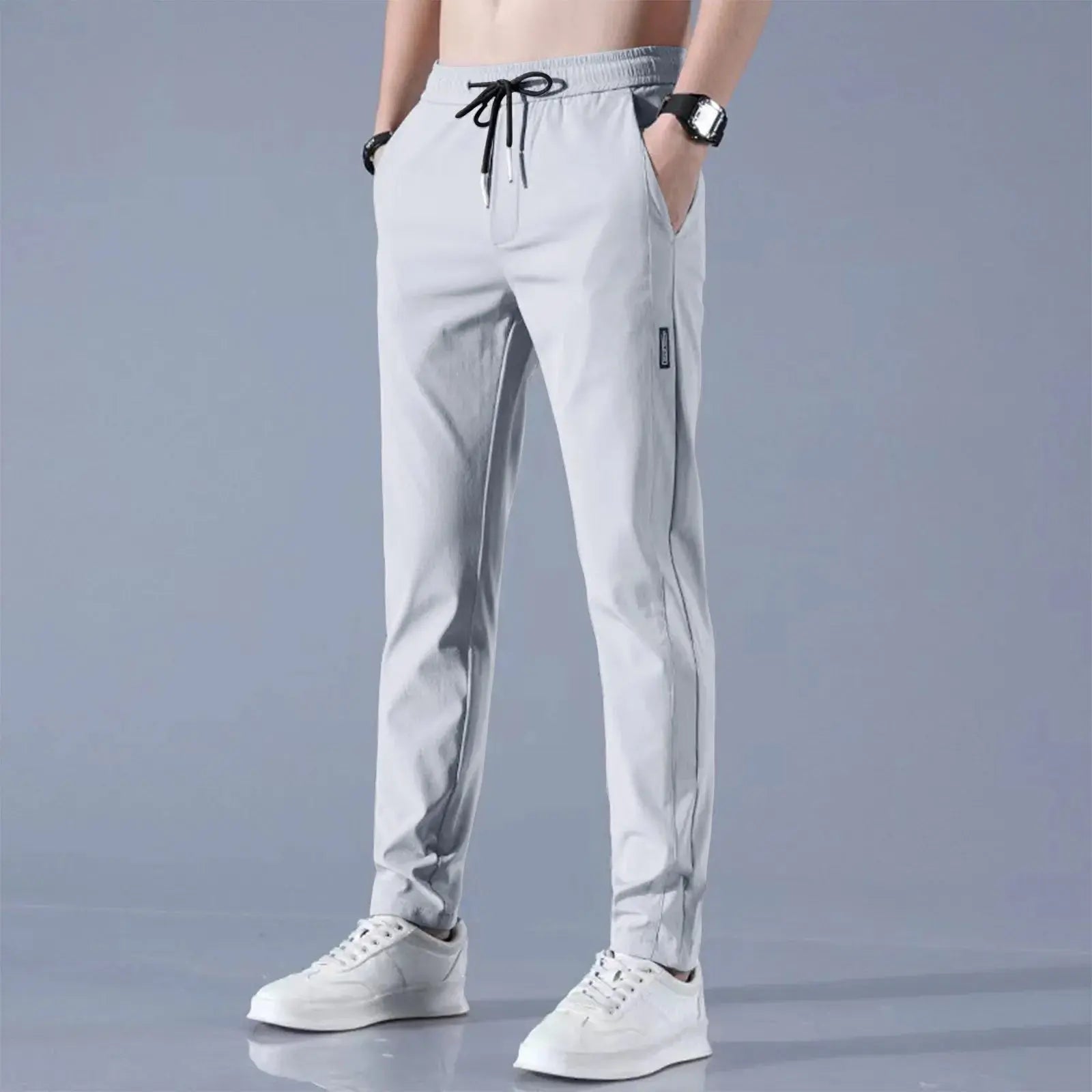 Men Fast Dry Stretch Pants Ice Silk Trousers Solid Color Mid-Waist Loose Breathable Straight-Leg Casual Pants Thin Sports Pants Halalzen UK
