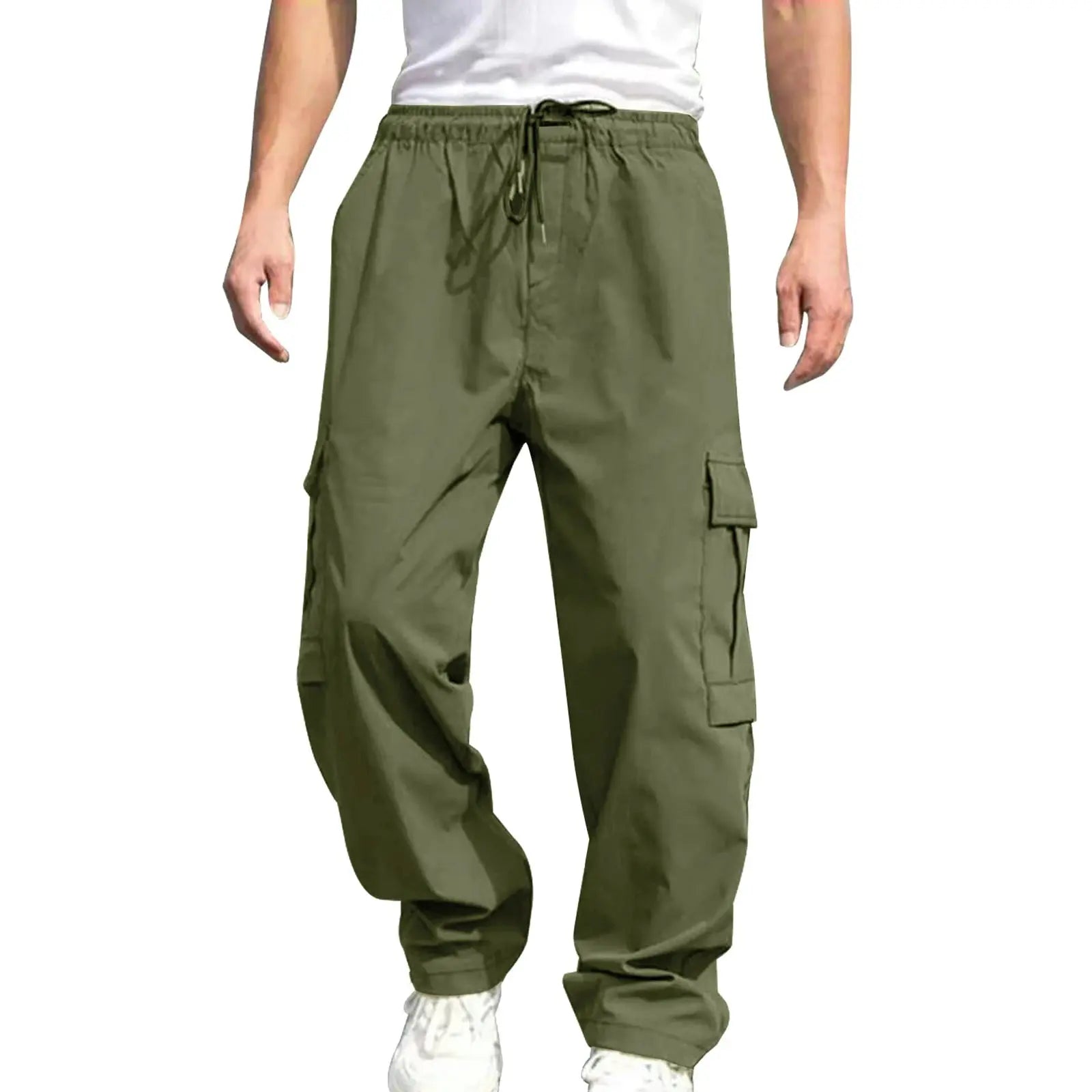 Men s Loose Cargo Long Pants Solid Color Drawstring Waist Straight Leg Trousers Casual Work Pants with Pockets Halalzen UK