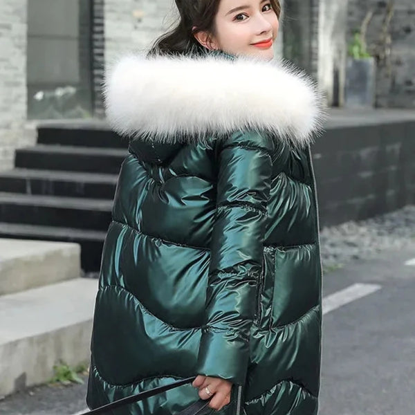 2024 New Women Jacket Winter Parkas Long Coat Fur Collar Hooded Glossy Overcoat Female Cotton Padded Parka Waterproof Outwear