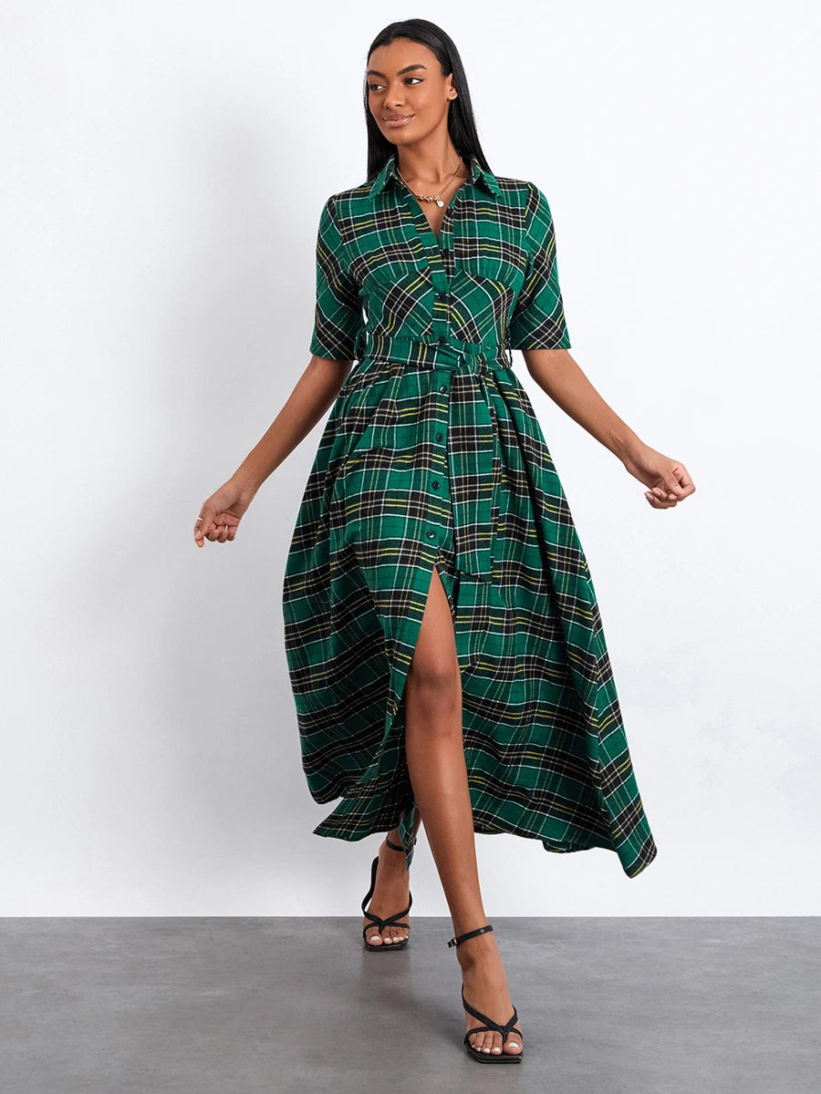 Women Christmas Shirts Dress Plaid Turn-Down Collar Half Sleeve Dress Fashion Button-Down Holiday Dress with Belt