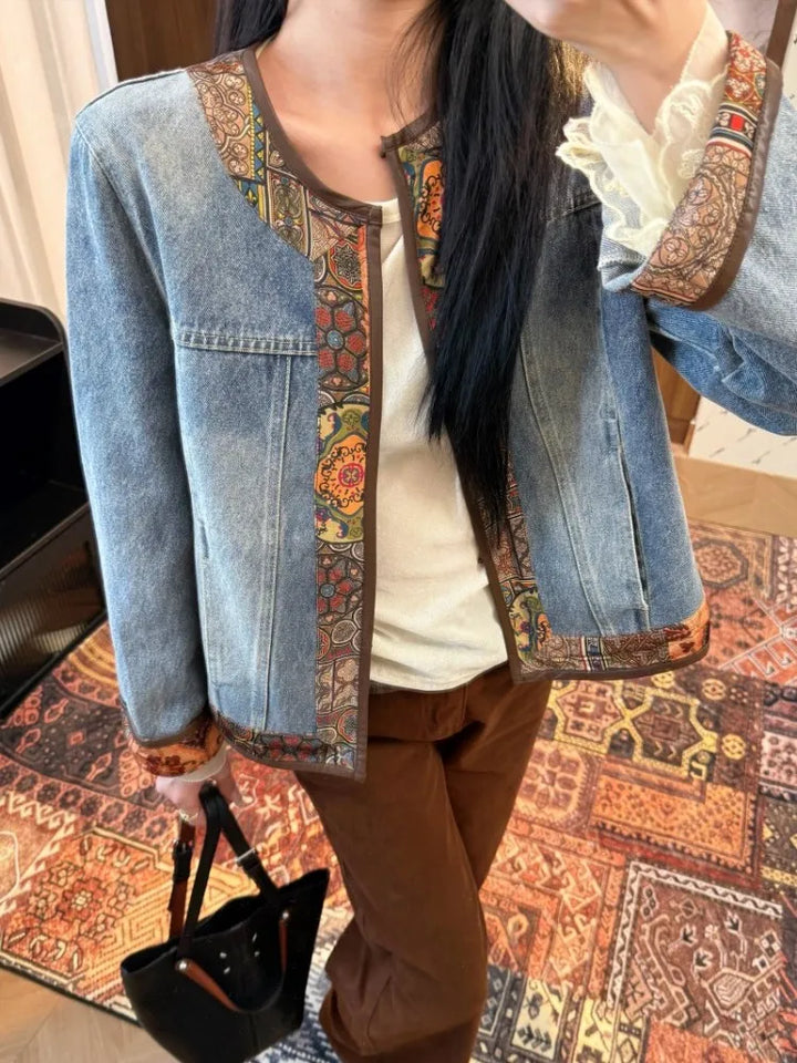 New Chinese Style Women Denim Jacket O Neck Patchwork Spring Long Sleeve Casual Outerwear Female Vintage Harajuku Short Coat