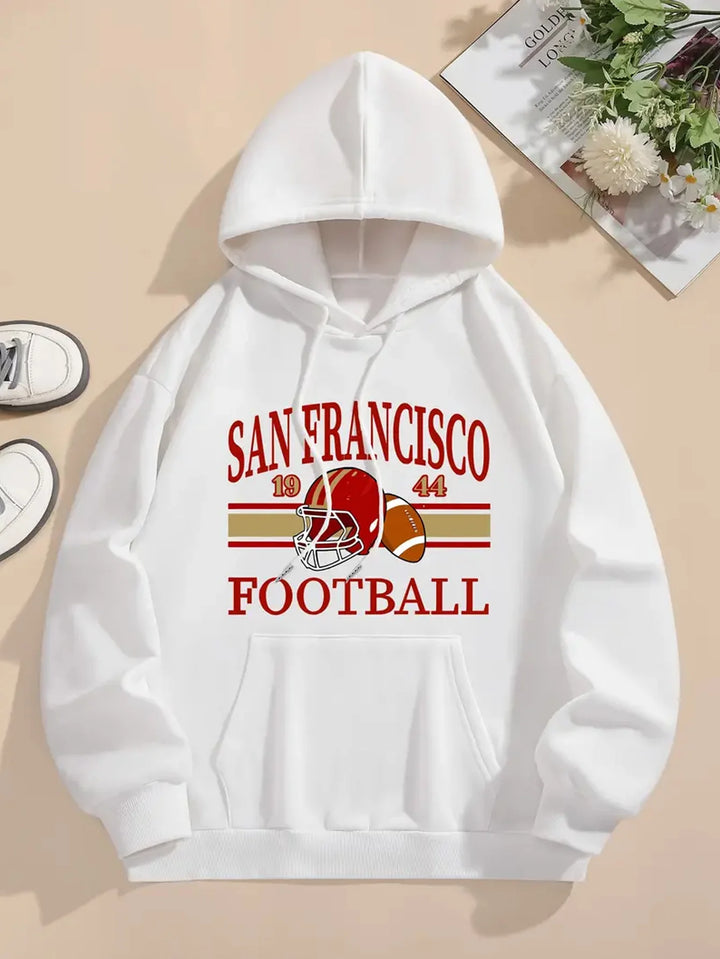 San Francisco Football Graphic Print Hoodie Geometric Pattern Alphabet Design Casual Hooded Sweatshirt Women's Winter Fashion