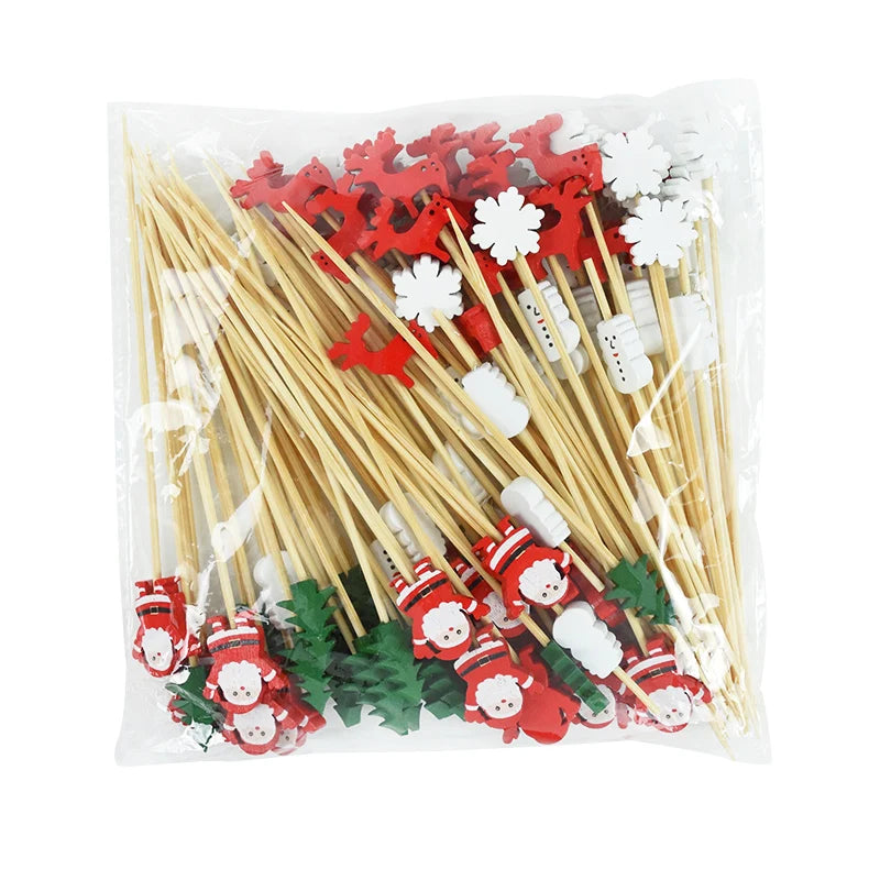 50Pcs Christmas Bamboo Food Picks Toothpicks Santa Dessert Buffet Fruit Salad Christmas Decoration New Year Xmas Party Supplies