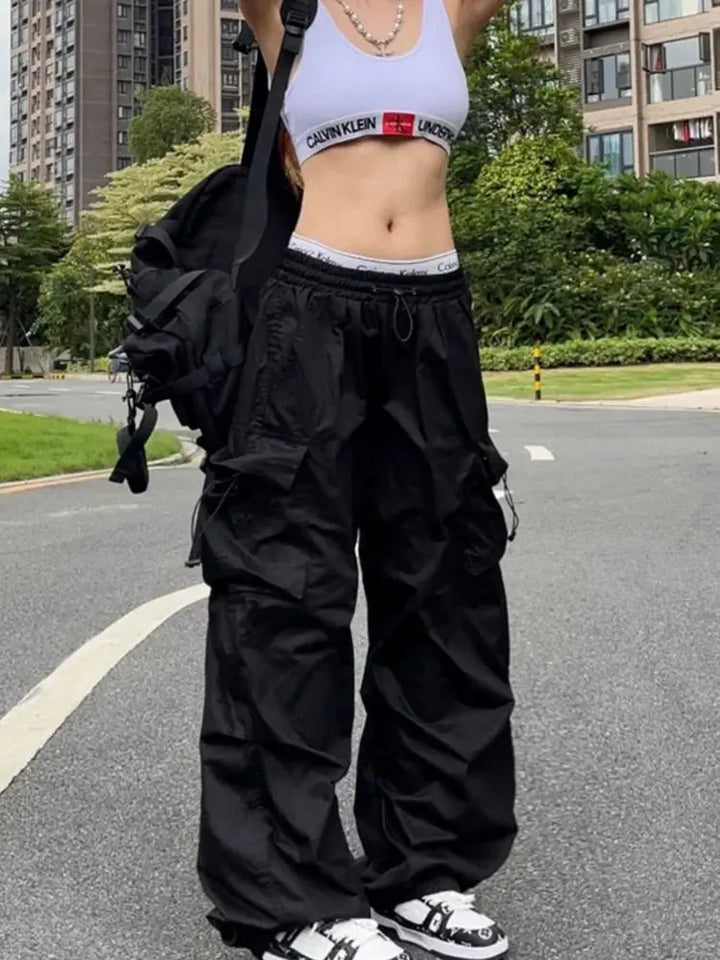 Y2K Parachute Black Pants Women Hippie Streetwear Oversize Pockets Cargo Trousers Harajuku Wide Leg Baggy Sweatpants Halalzen UK
