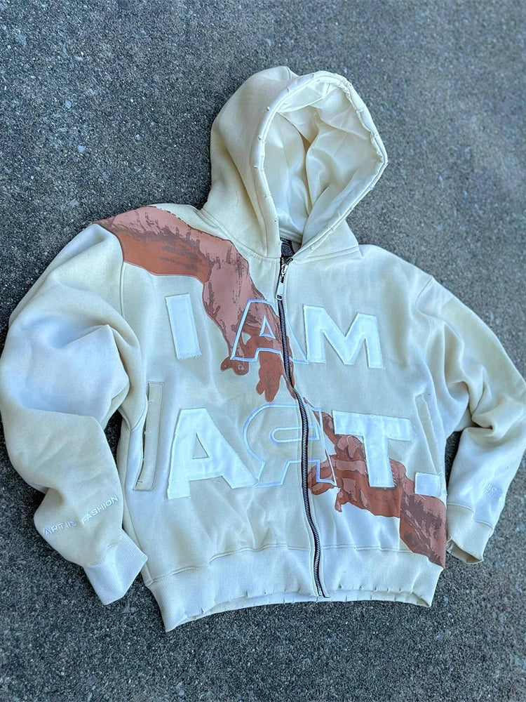 Trendy Baggy Hooded Cardigan Mens Y2K Pattern Print Loose Zip-up Hoodie Sweatshirt Men Spring Hip Hop Long Sleeve Hoodies Unisex