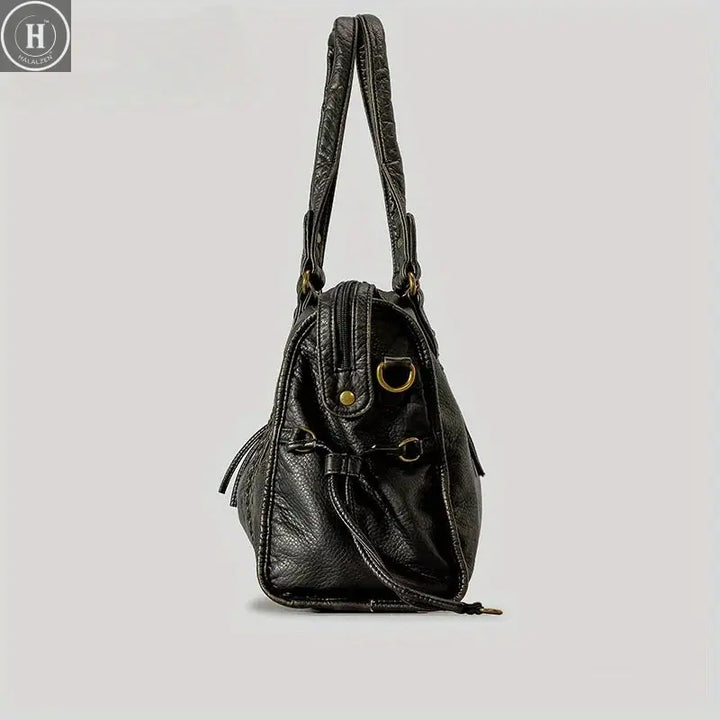 Women's Fashion Vintage Washed Soft Leather Tote Bag Large Capacity Commuter Multi-Pocket Shoulder Messenger Bag HALALZEN