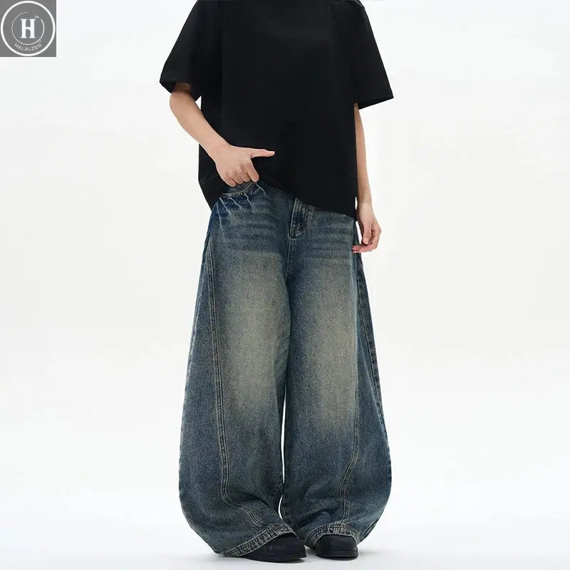 2025 Spring New Men's Jeans Oversized Wide Leg Pants Loose Vintage Patchwork Lightning Cracked Denim Trousers Streetwear Male HALALZEN