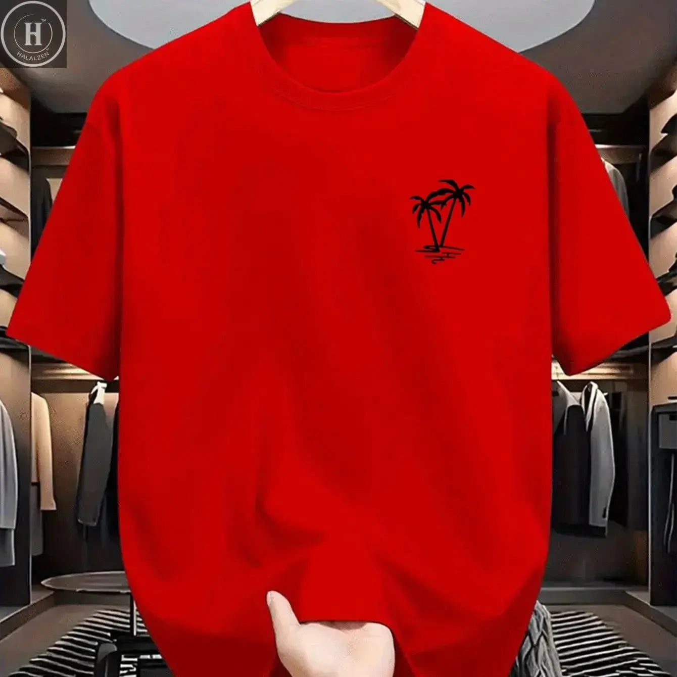 Men's summer 100% cotton fashionable casual loose coconut tree pattern printed sports round neck short sleeved T-shirt top HALALZEN