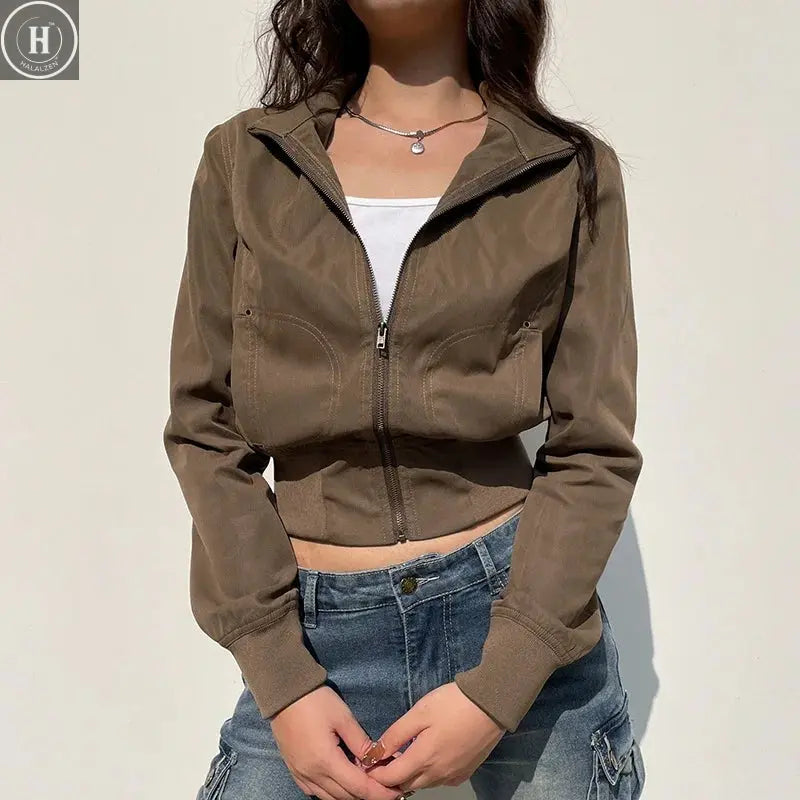 Vintage Cropped Jackets Women Stand Collar Solid Color Casual Coats Slim Pocket Zip Up Harajuku Safari Style Outwear Halalzen UK