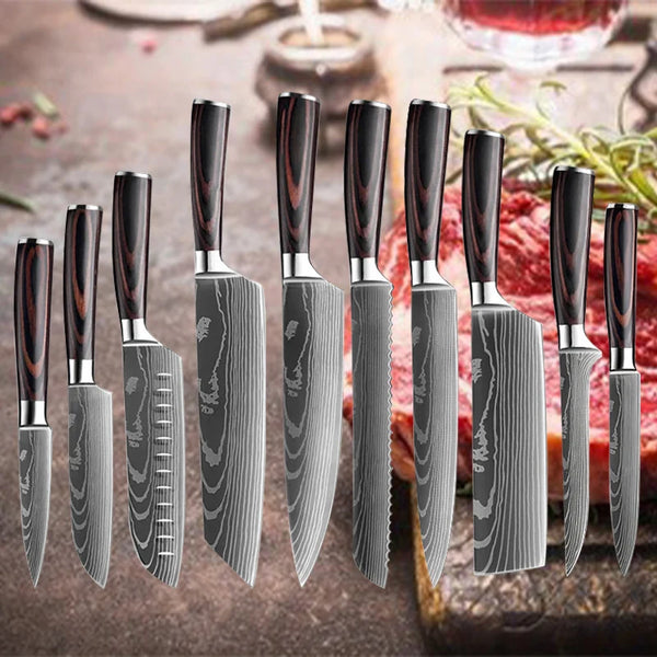 7CR17 440C Laser Damascus Chef Knife Japanese Knife Set Sharp Kitchen Knives Santoku Meat Cleaver Vegetable Fruit Slicing Knife Halalzen