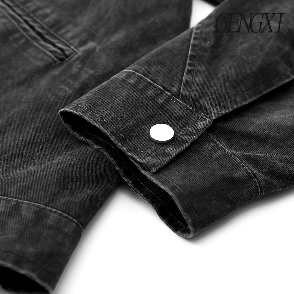 Fashionable retro washed distressed multi-pocket denim jacket New men's Detroit workwear jacket Clean Fit casual menswear