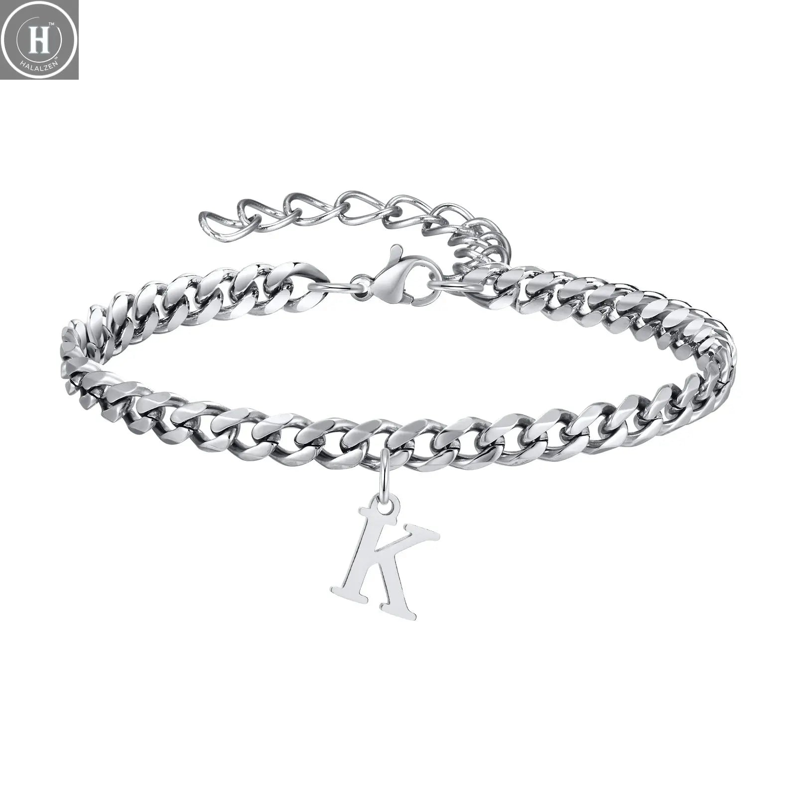 Mens Initials Cuban Links Bracelets,Stainless Steel A-Z 26 Letters Alphabet Charm Chain Wristband Adjustable,Casual Jewelry Gift HALALZEN