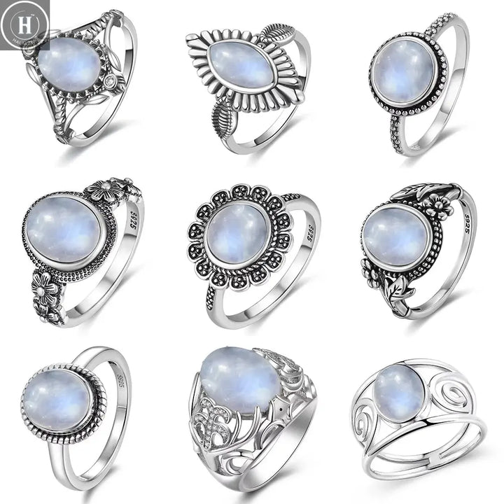 Vintage 925 Silver Ring Natural Moonstone Flower Ring 925 Hollow Eye Shape Round Sun And Moon Ring Fine Jewelry for Women Men HALALZEN