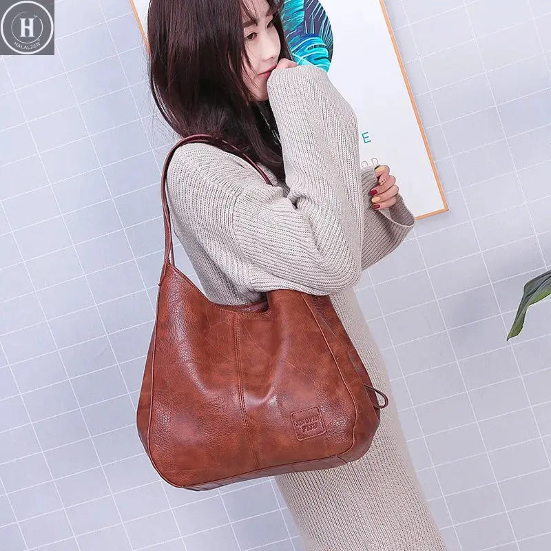 Cross-Border Women's Bag 2022 European and American Retro Soft Leather Shoulder Bag Women's Versatile Shoulder Bag Simple Hand-Held Tote Bag HALALZEN