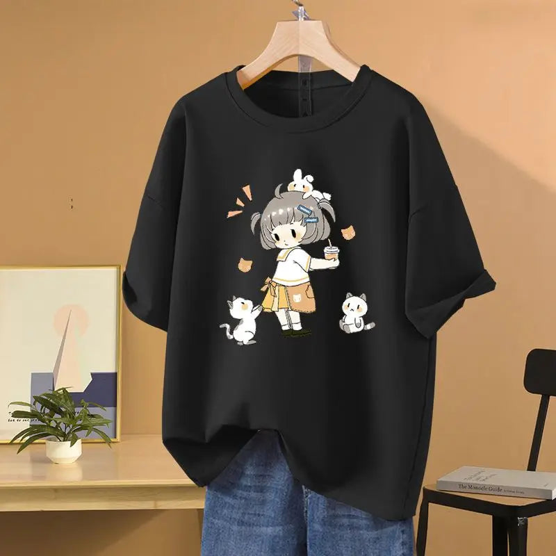 Summer Cartoon Printed T-shirt Loose Pure Cotton Short Sleeve O-neck Pullovers Women's Basic Casual Top Tees