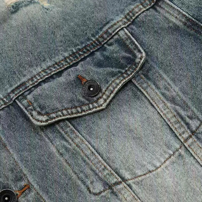 Men's Streetwear Kanye West Denim Jacket New Rapper Hip Hop Style Jean Clothing 2025 Fashion Trend Retro Do Old Ripped Coats