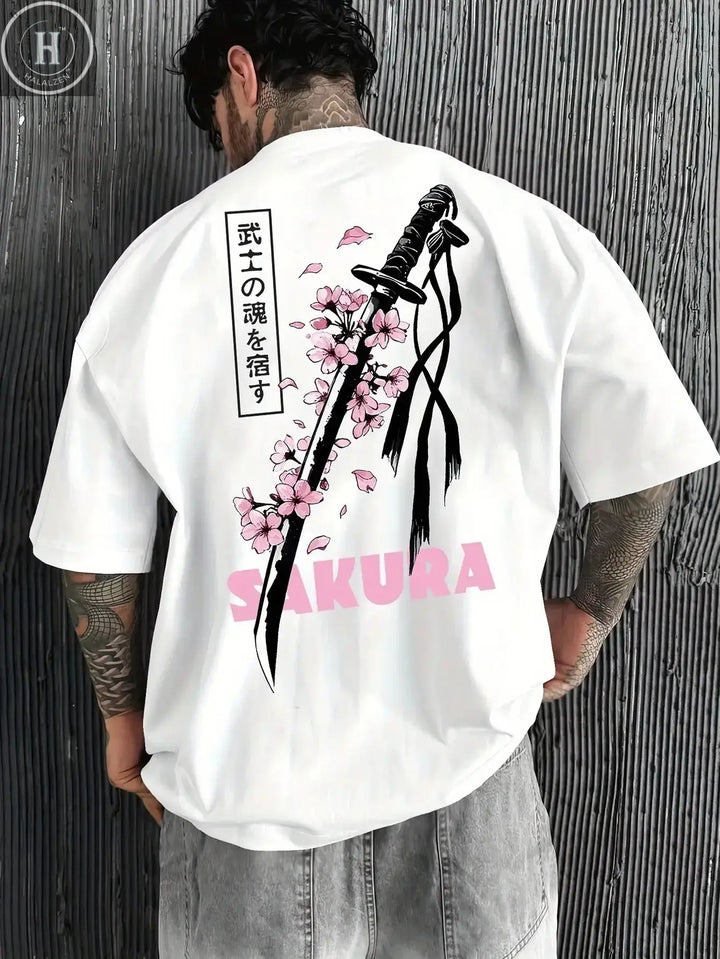 Japanese Samurai Sword Sakura Print 100% Cotton Men Women T-shirt Summer Autumn Daily Outdoor Sports Casual Street Short-sleeve HALALZEN